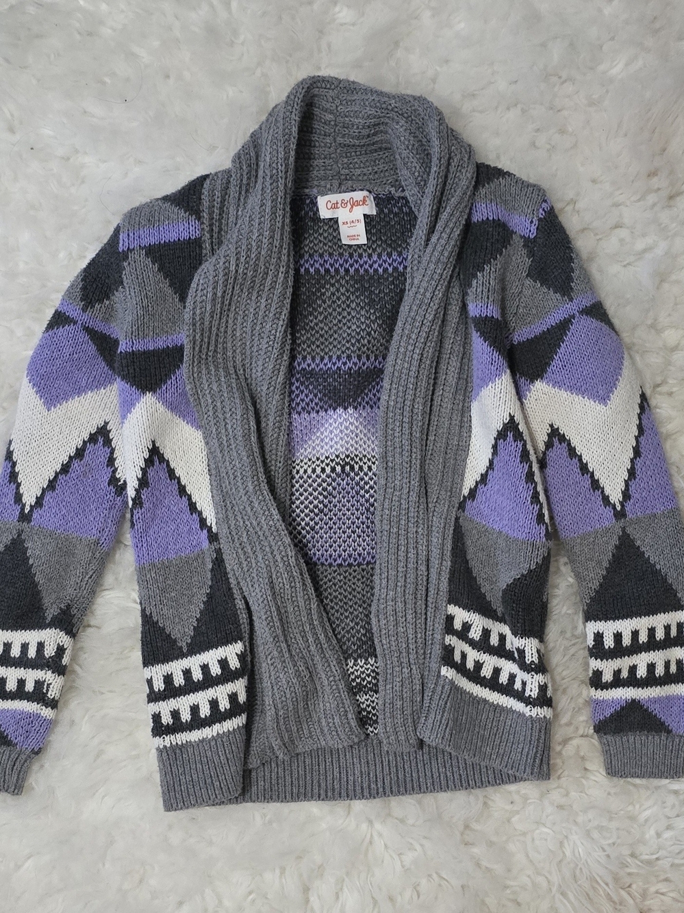 Cat & Jack Gray, Purple and White Geometric Shawl Cardigan